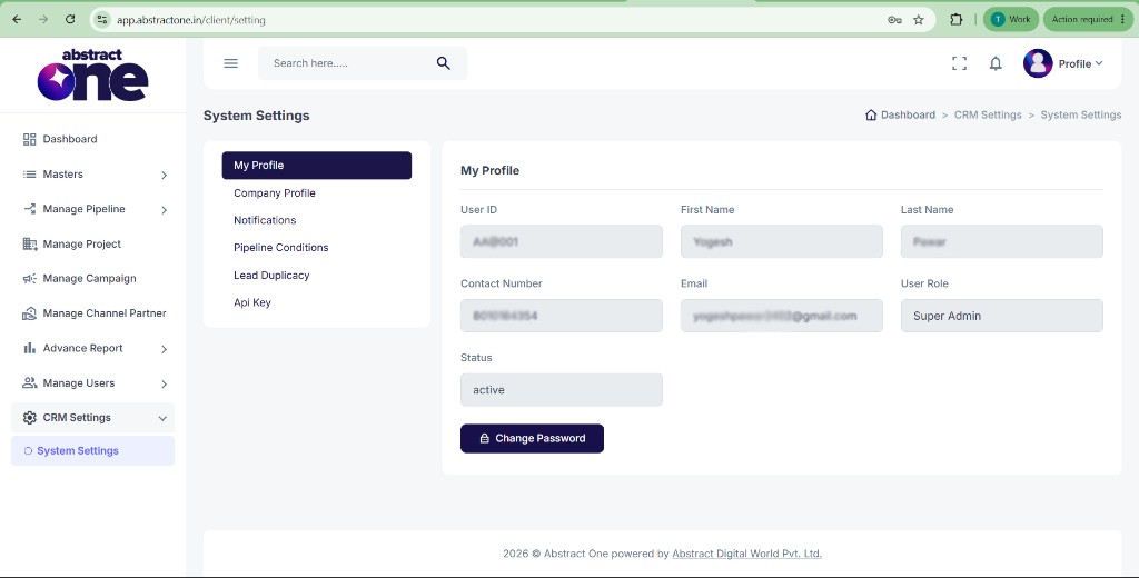 CRM Settings and System Settings in the Abstract One sidebar