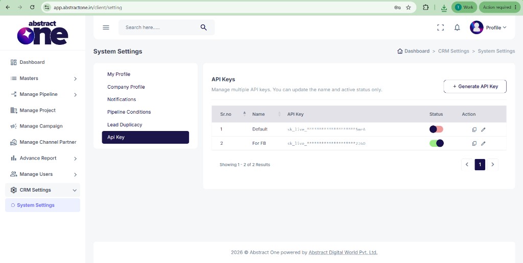 Api Key tab showing existing keys and Generate API Key button