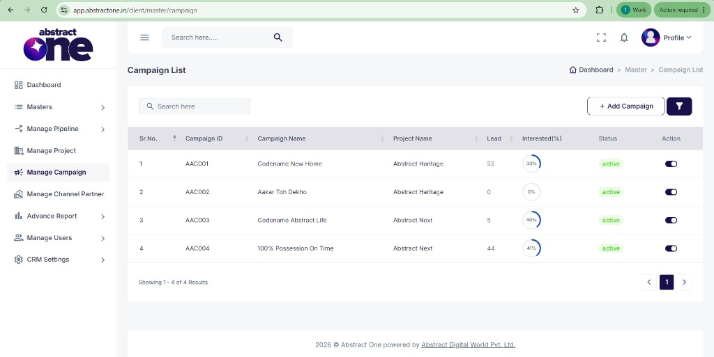 Campaign List page showing Campaign ID column in Abstract One CRM