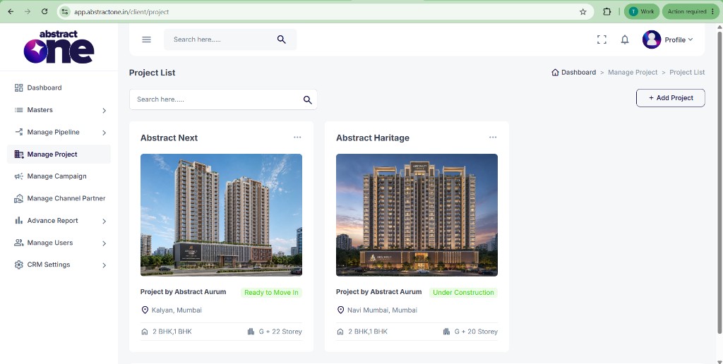 Manage Project list in Abstract One CRM
