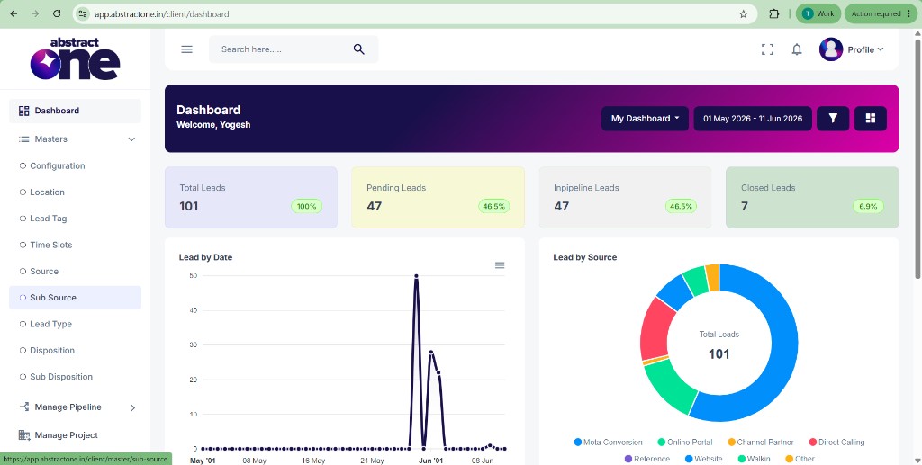 Masters menu with Sub Source option in Abstract One CRM