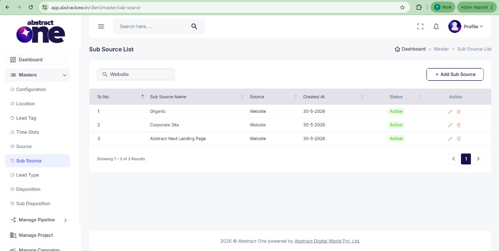 Sub Source List showing Website sub sources in Abstract One CRM