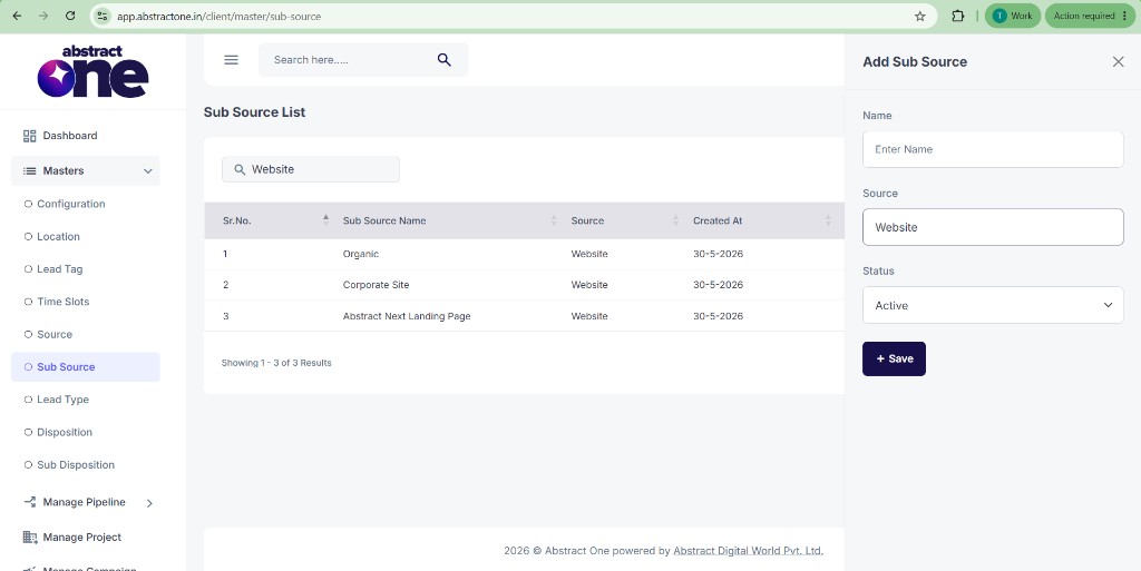 Add Sub Source form with Name, Source, and Status fields
