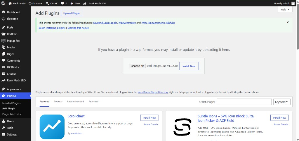 WordPress Add Plugins page with plugin zip file selected for upload