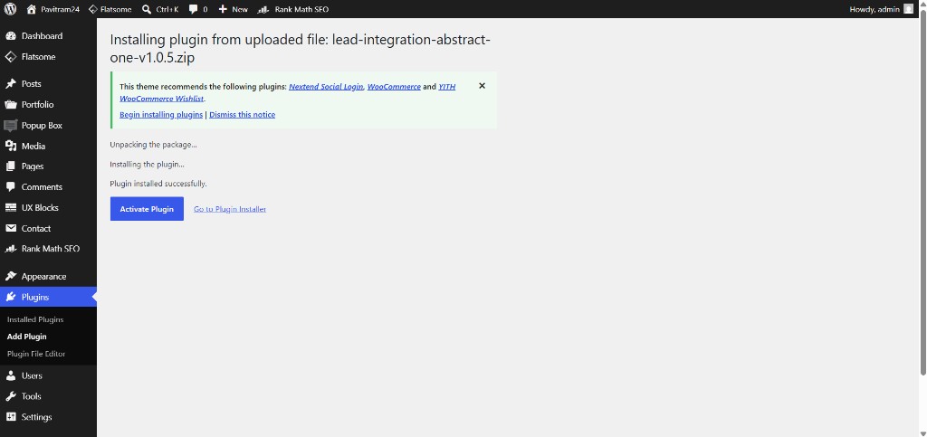 WordPress plugin installed successfully with Activate Plugin button