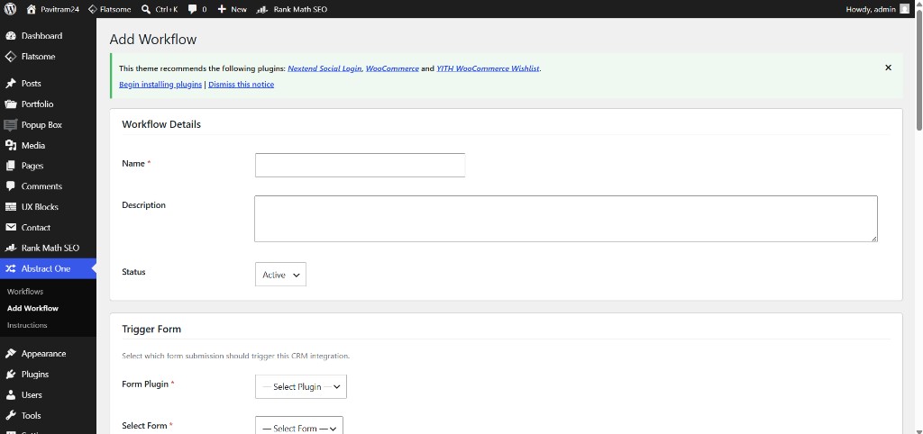 WordPress Abstract One Workflows page with Add Workflow menu option
