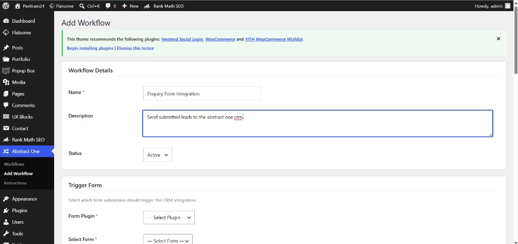 Add Workflow page showing Workflow Details section with Name, Description, and Status fields