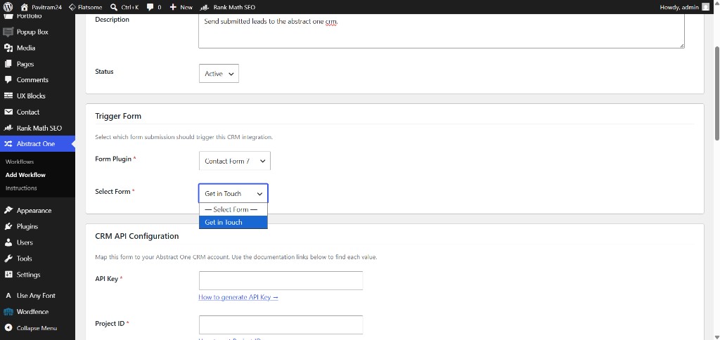 Add Workflow Trigger Form section with Contact Form 7 and Get in Touch form selected