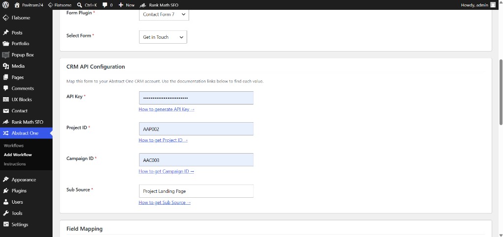 CRM API Configuration section with API Key, Project ID, Campaign ID, and Sub Source fields