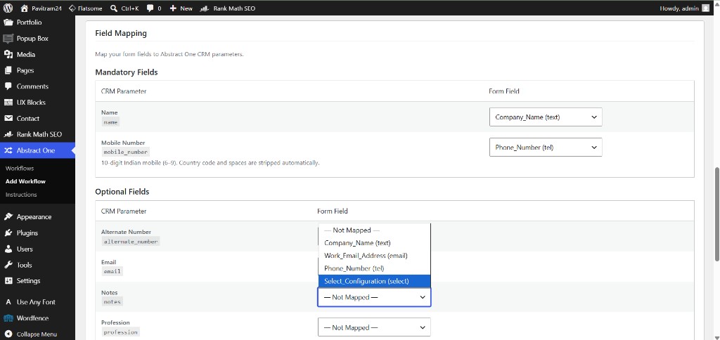 Field Mapping section showing mandatory and optional CRM parameter mappings