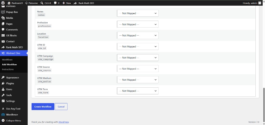 Field Mapping optional fields and Create Workflow button at bottom of Add Workflow page