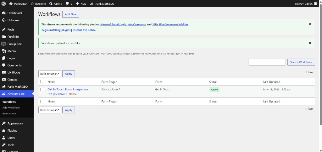 Workflows list showing an active Get In Touch Form Integration workflow