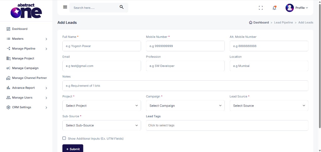 Add Leads form with all input fields