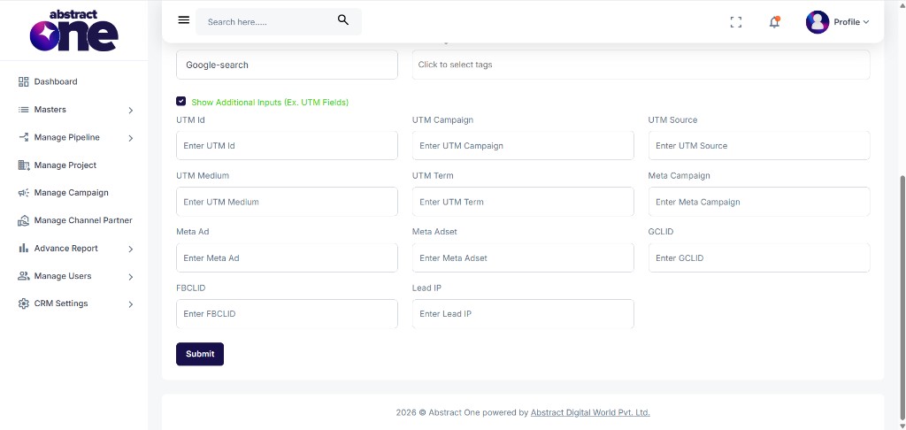 Add Lead form with additional UTM fields expanded