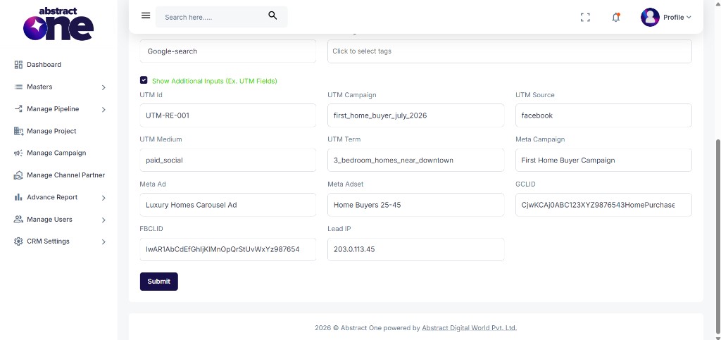 Add Lead form with filled UTM and tracking fields