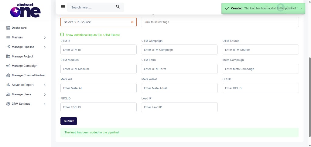Lead added successfully confirmation message