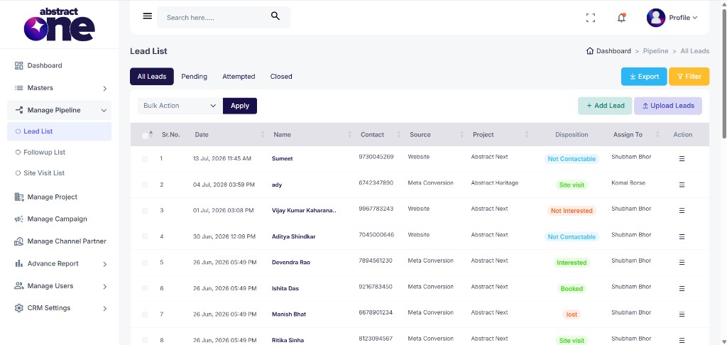 Lead List page with Add Lead button