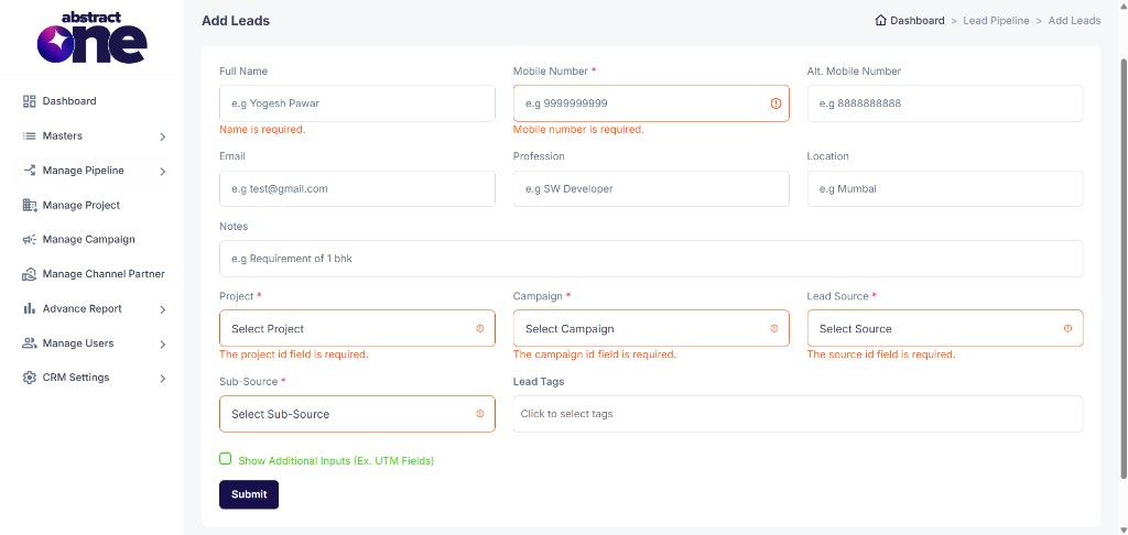 Add Lead form showing required field validation errors