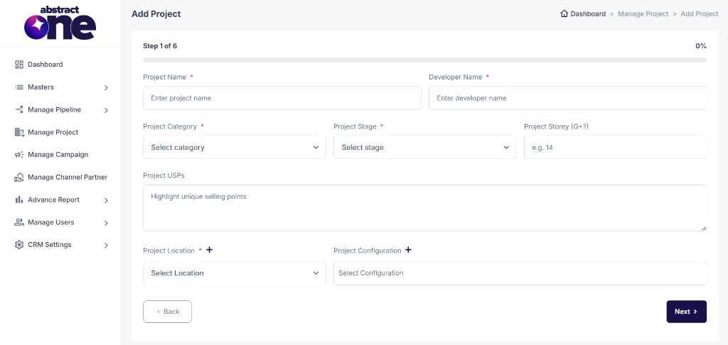 Add Project Step 1 basic details form