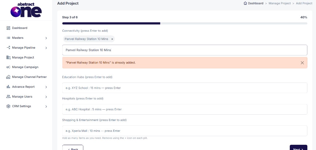 Add Project Step 3 duplicate location advantage error