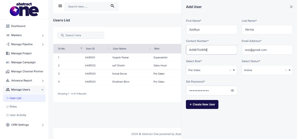 Add User form with filled details