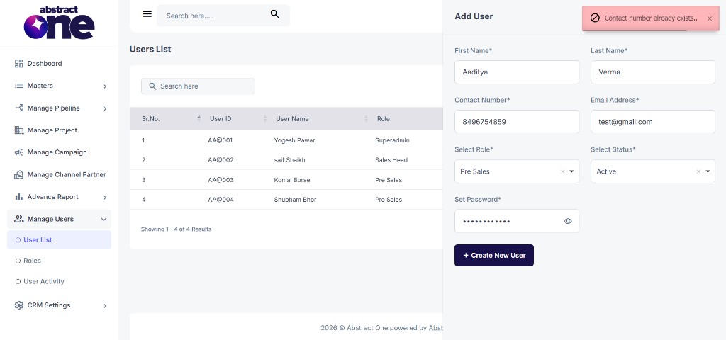 Duplicate contact number error