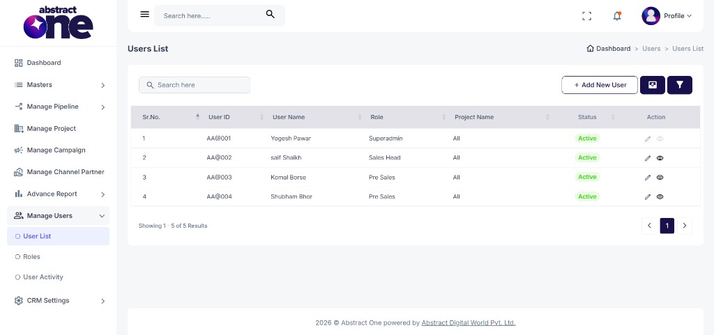Users List with Add New User button