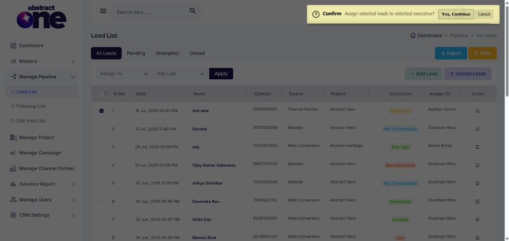 Assign leads confirmation prompt