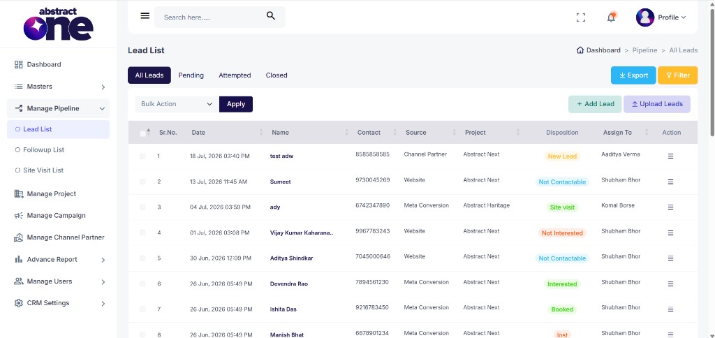 Bulk Action dropdown on Lead List page