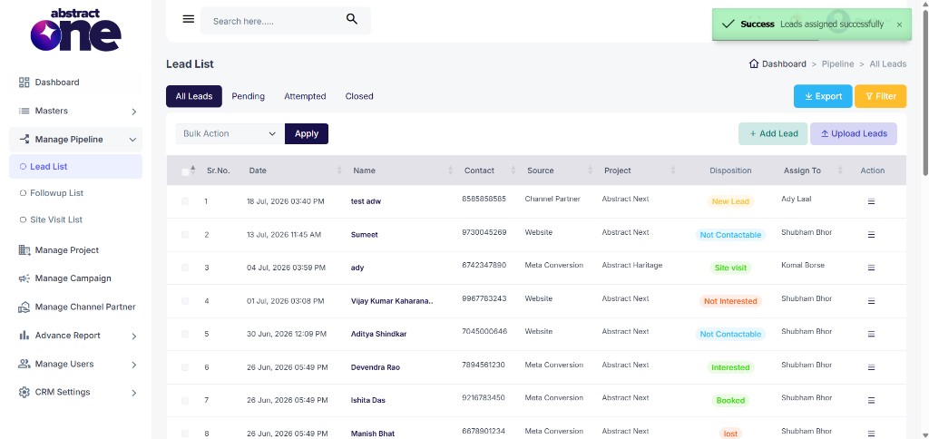 Leads assigned successfully message