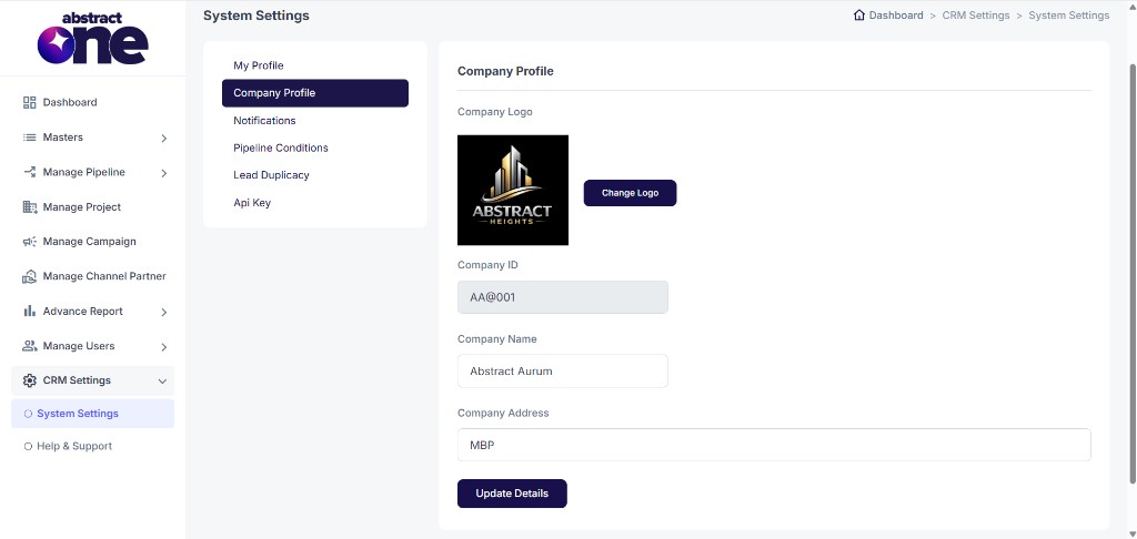 Company Profile page with logo and company details