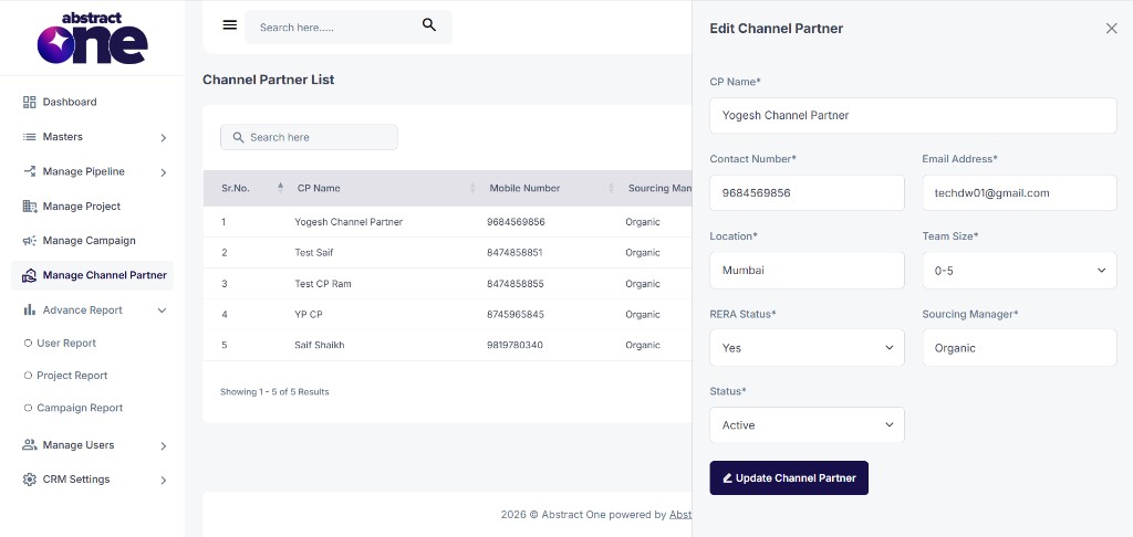 Edit Channel Partner drawer with pre-filled details