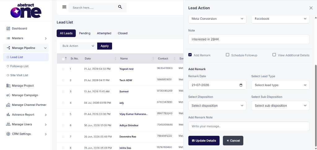 Add Remark section with disposition and lead type fields