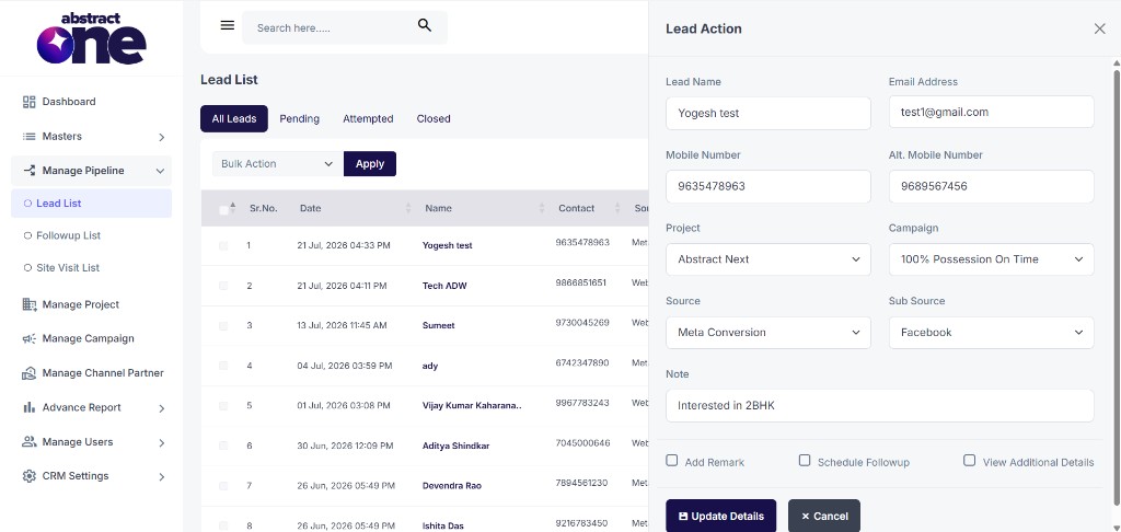 Lead Action drawer with lead details form