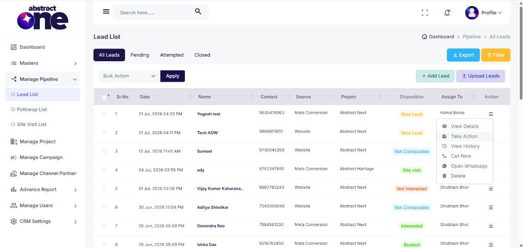 Lead List action menu with Take Action option
