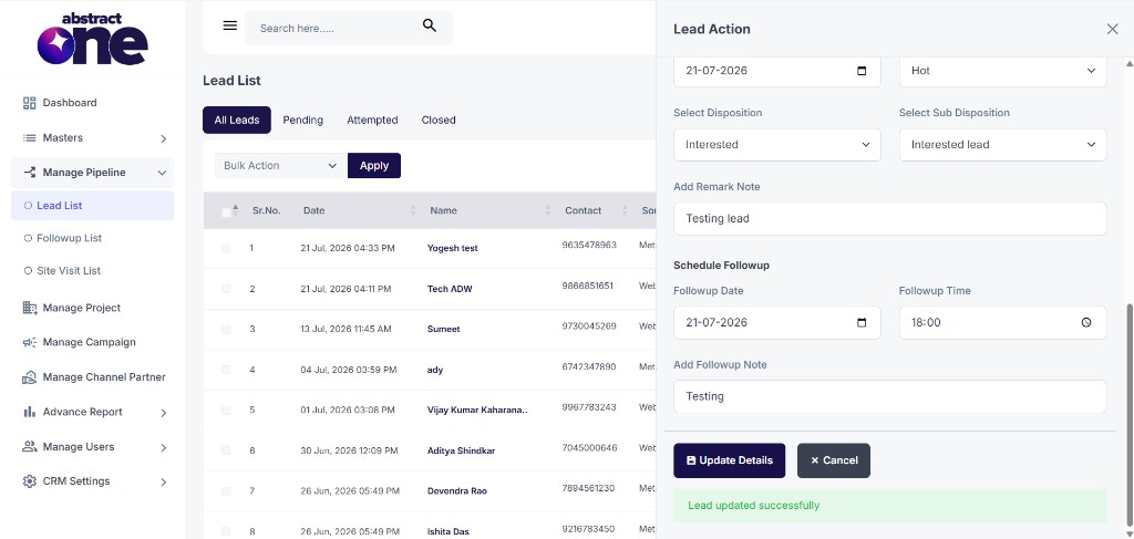 Lead updated successfully confirmation message