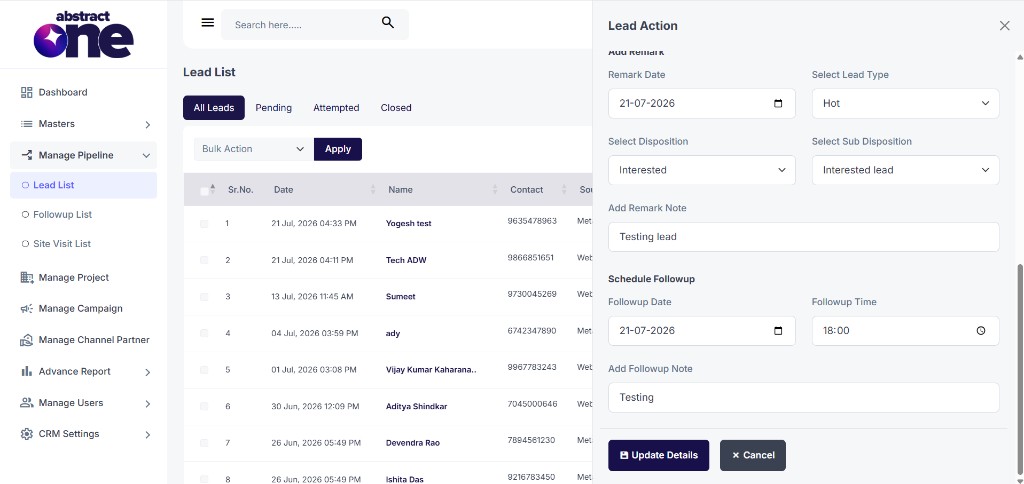 Schedule Followup section with date, time, and note fields