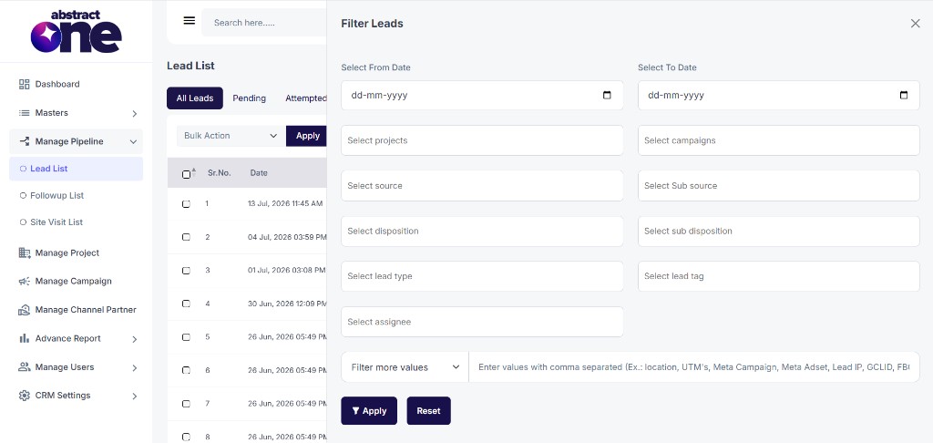Filter Leads drawer with all filter fields