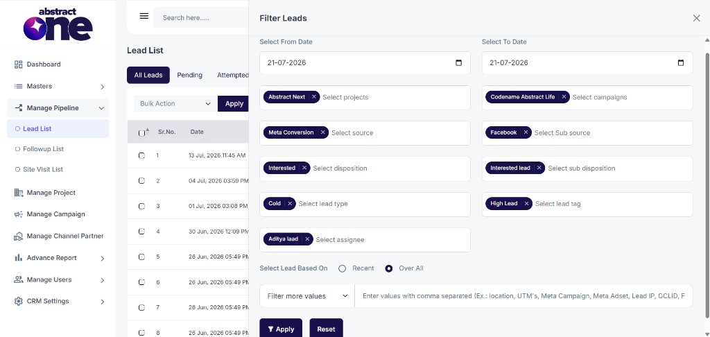 Filter Leads drawer with filled filter values