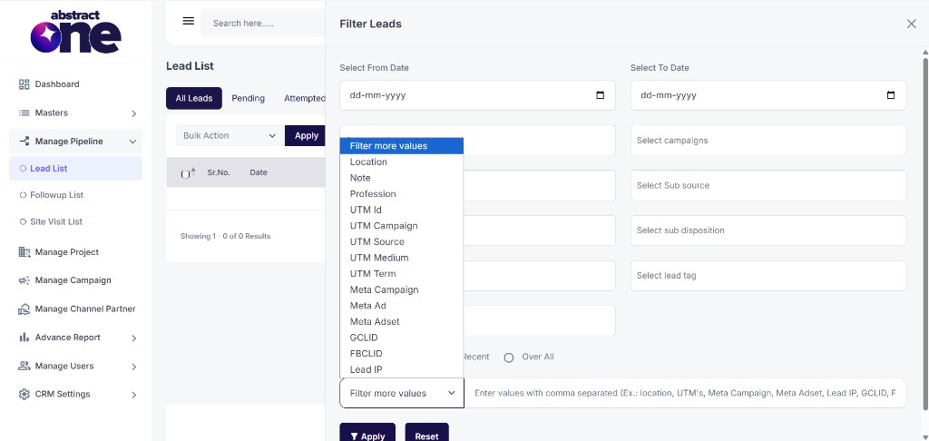 Filter more values dropdown with custom filter options
