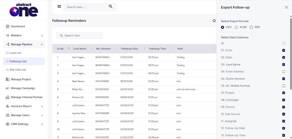 Export Follow-up drawer with format and column selection