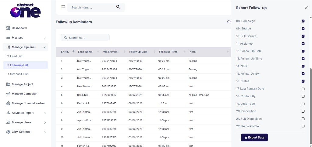 Export Follow-up additional column options