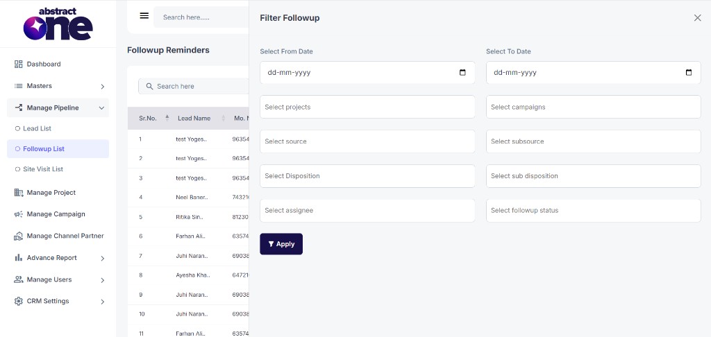 Filter Followup drawer with filter fields