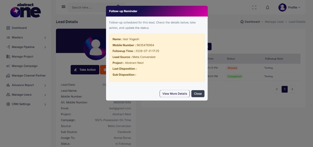 Follow-up Reminder popup for scheduled follow-up