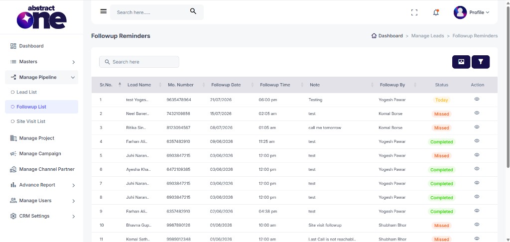 Followup Reminders list page