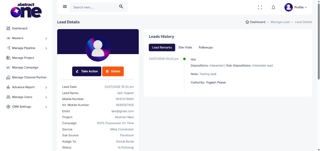 Lead Details page opened from Followup List eye icon