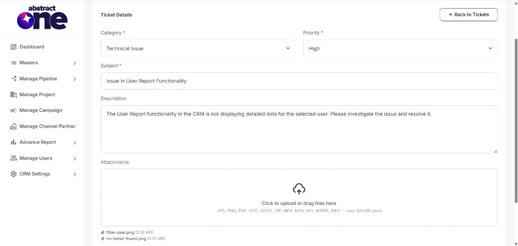 Raise Support Ticket form filled with attachments