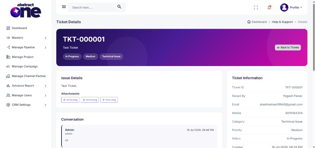 Ticket Details page with issue and conversation