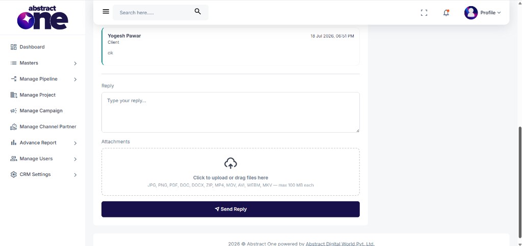 Ticket reply section with attachments and send reply button