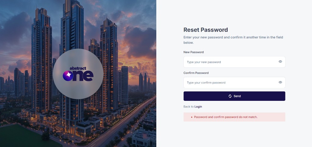 Reset Password page with New Password and Confirm Password fields